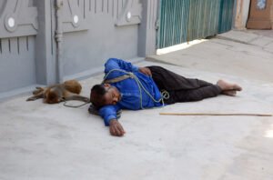 Juggler and Pet Monkey Rest Amid Scorching Heat in Multan