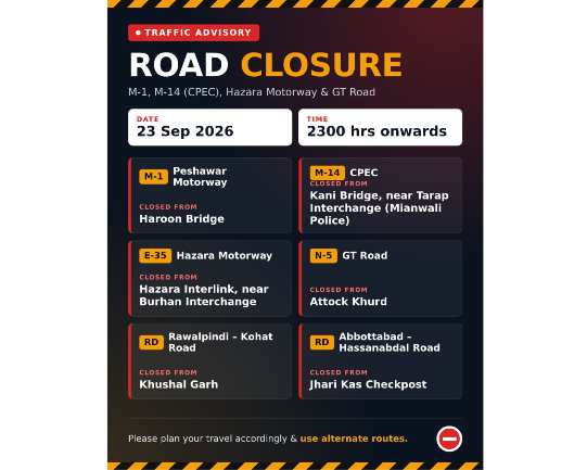 Key Motorways And GT Road To Close From 11 PM, Warns Islamabad Traffic Police